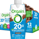 Orgain chocolate shake front packaging showing bottle and logo, convenient protein