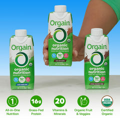 Orgain close-up label with nutrition facts highlighting vitamins and clean ingredients
