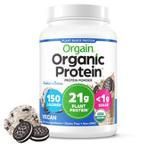 Orgain tub front view showing cookies & cream flavor for clean protein