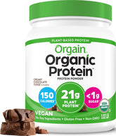 Orgain tub front view showing Creamy Chocolate Fudge and benefits