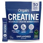 Orgain front packaging showing 30 stick pack and product details benefit convenience