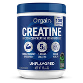 Orgain tub front view showing label and servings, highlights clean ingredient list