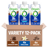 Orgain front packaging 12 pack showing variety and convenience