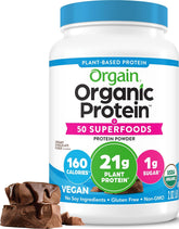 Orgain front packaging showcasing creamy chocolate fudge and organic seal