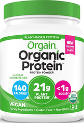 Orgain front packaging showing unsweetened plant protein and benefits