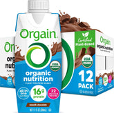 Orgain front packaging showing 12-pack chocolate bottles and organic badge benefit