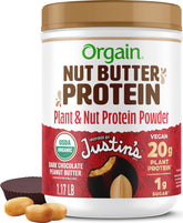 Orgain jar front label showing chocolate peanut butter flavor and protein benefit