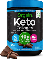 Orgain tub front view showing chocolate label and keto benefits