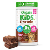 Orgain front packaging showing Chocolate Brownie flavor and benefits
