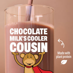 Orgain pouring chocolate shake into cup illustrating creamy texture and easy serving for busy families