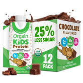 Orgain front carton view showing chocolate shake and organic badge for reliability