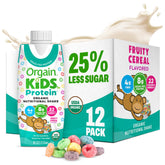 Orgain kids fruity cereal front packaging showing organic benefits