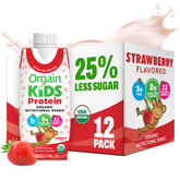 Orgain front packaging showing strawberry drink and benefits