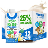 Orgain front carton showing vanilla flavor and kid-friendly design for quick recognition
