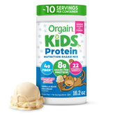 Orgain front packaging showing vanilla bean ice cream flavor and benefits