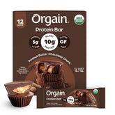 Orgain front packaging showing peanut butter chocolate chunk and benefits