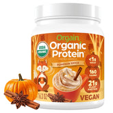 Orgain front tub showing pumpkin spice label and clean ingredients benefit