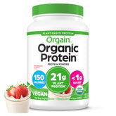Orgain tub front view showing strawberries & cream flavor and label benefits