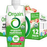 Orgain strawberry front packaging showing bottle and flavor benefits