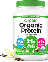 Orgain front label tub showing Vanilla Bean flavor and nutrition benefits
