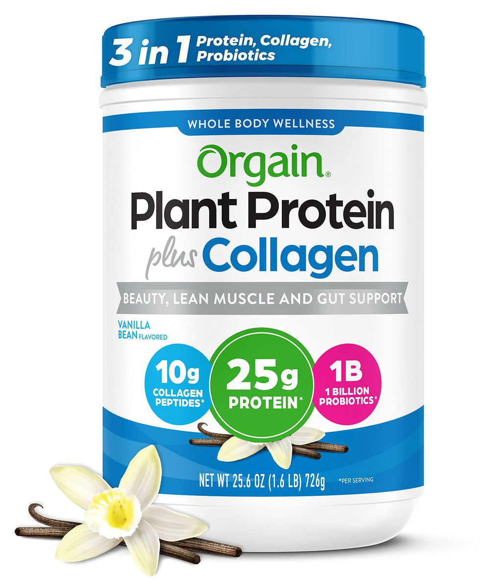 Orgain front label showing vanilla bean flavor and benefits