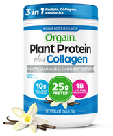 Orgain front label showing vanilla bean flavor and benefits