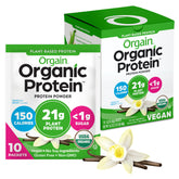 Orgain front packaging showing vanilla bean packets and benefits