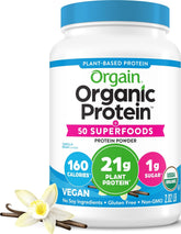 Orgain front packaging showing vanilla bean flavor and benefits