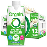 Orgain vanilla front packaging showing 12-pack and clean ingredients benefit