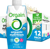 Orgain vanilla front packaging showing bottle and organic badge for trusted nutrition