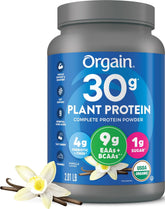 Orgain front tub showing vanilla label and serving information for quick choice benefit