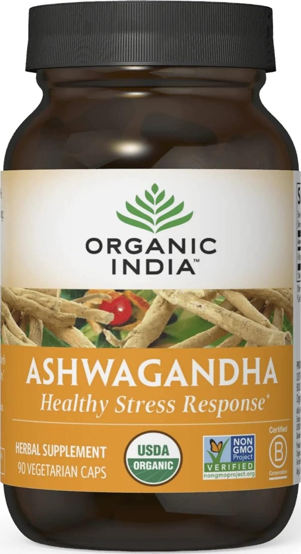 ORGANIC INDIA bottle front packaging showing product and benefits