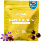 Organifi Happy Drops front packaging showing pouch and branding, clear product benefit