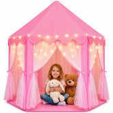 ORIAN tent front view showing pink castle design and cozy entrance for imaginative play