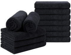 Orighty front pack of 12 black salon towels showing professional bulk supply and neat presentation