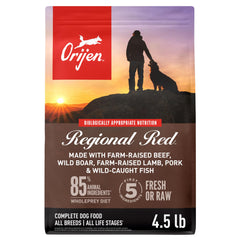 ORIJEN Regional Red front bag showing branding and poultry-free benefit