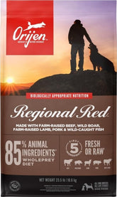 ORIJEN bag front view showing Regional Red branding and benefits