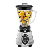 Oster front view showing stainless steel blender and glass jar for durable performance
