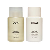 OUAI front packaging of fine shampoo and conditioner showing size and branding for travel convenience