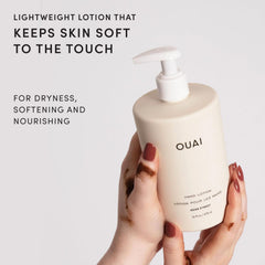 OUAI pump close-up demonstrating easy one-handed dispensing and no-spill use