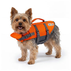 Outward Hound front view of orange life jacket showing fit and buoyancy for visibility
