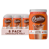 Ovaltine front canister showing label and brand, convenient portioning benefit