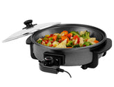 OVENTE electric skillet front view showing compact footprint and controls, ideal for countertop cooking