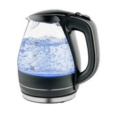 OVENTE glass kettle front view showing capacity and sleek design benefit