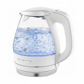 OVENTE KG83W front view showing white glass kettle and modern design benefit