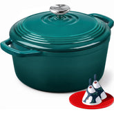 Overmont Dutch oven front view showing enamel finish and lid benefit presentation