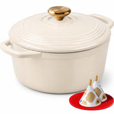 Overmont Dutch oven front view showing elegant white finish and sturdy handles, enhances table presentation