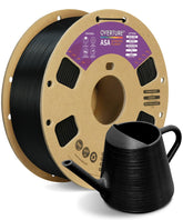 OVERTURE ASA spool front view showing black filament and clear labeling for easy identification
