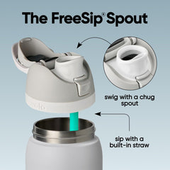 Owala FreeSip lid detail highlighting push-button lock for clean-spout protection