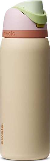 Owala FreeSip Desert Bloom front view showing pink body and tan lid, stylish hydration